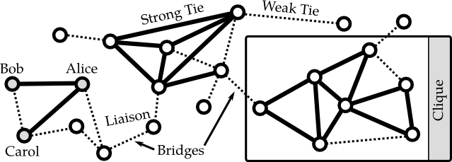 Illustration of a small social network with three cliques connected via bridges. There are strong ties between the individuals Alice and Bob, and Alice and Carol. Based on the definition by Granovetter (1973), there is at least a weak tie between Bob and Carol